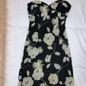 Black floral strapless lace dress